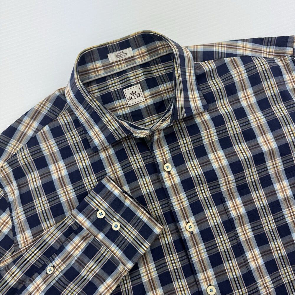 Peter Millar Mens Large Plaid Button Front Shirt Blue Brown Cotton Long Sleeve